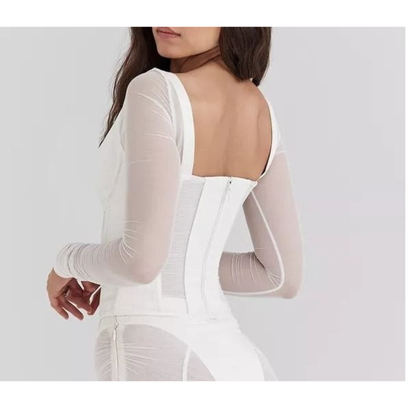 HOUSE OF CB Araminta White Long Sleeve Mesh Corset Romantic Large US 8-10 NWOT - Picture 5 of 9